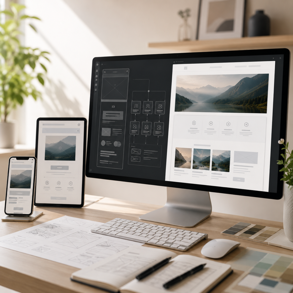 Minimalistische werkruimte met ontwerpvooruitzichten