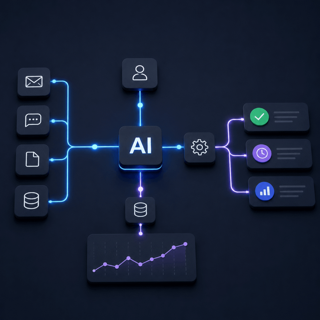 AI-werkstroomdiagram met gekoppelde systemen en geautomatiseerde processen