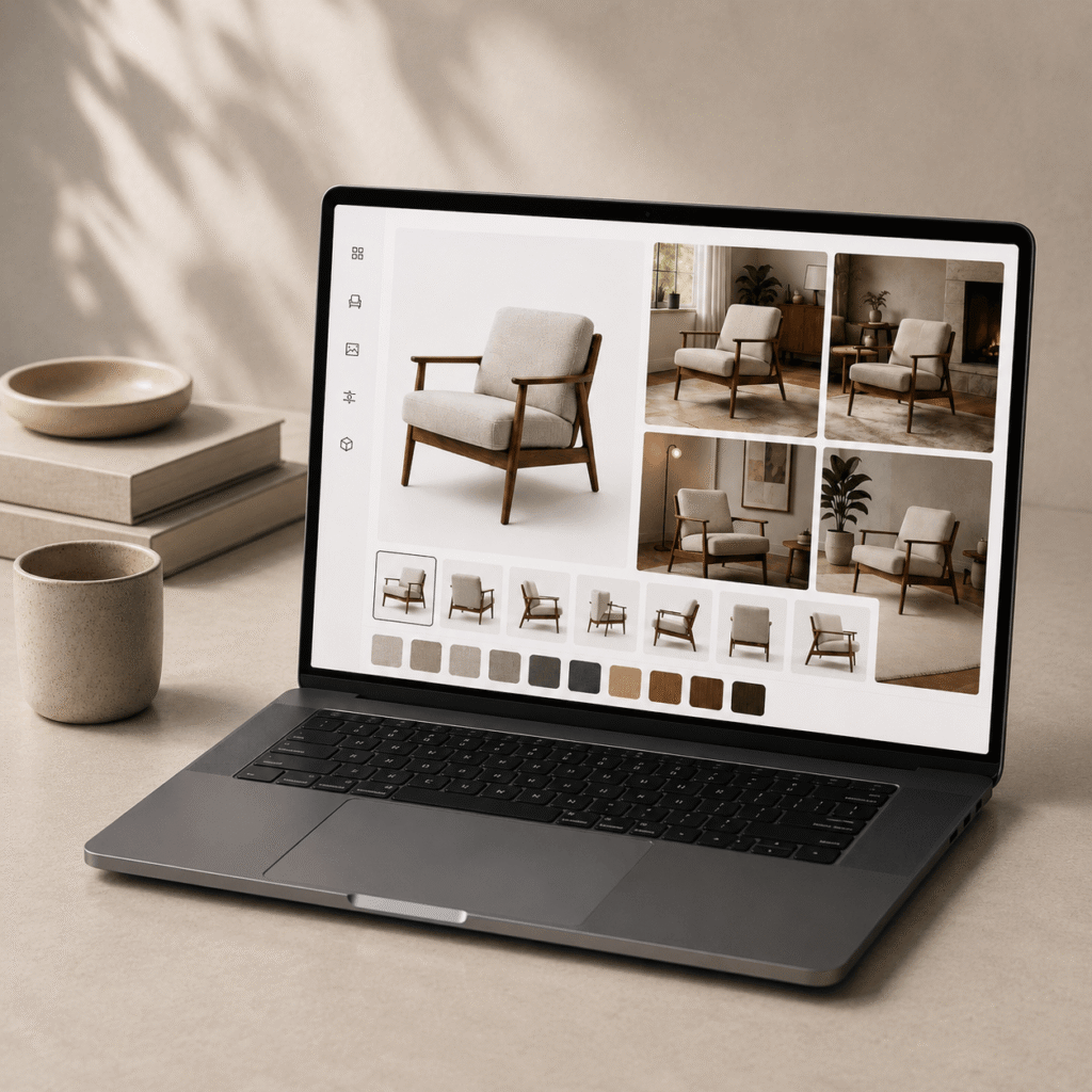 AI beeldcreatie van een productoverzicht op een laptop met een moderne fauteuil in verschillende interieurbeelden