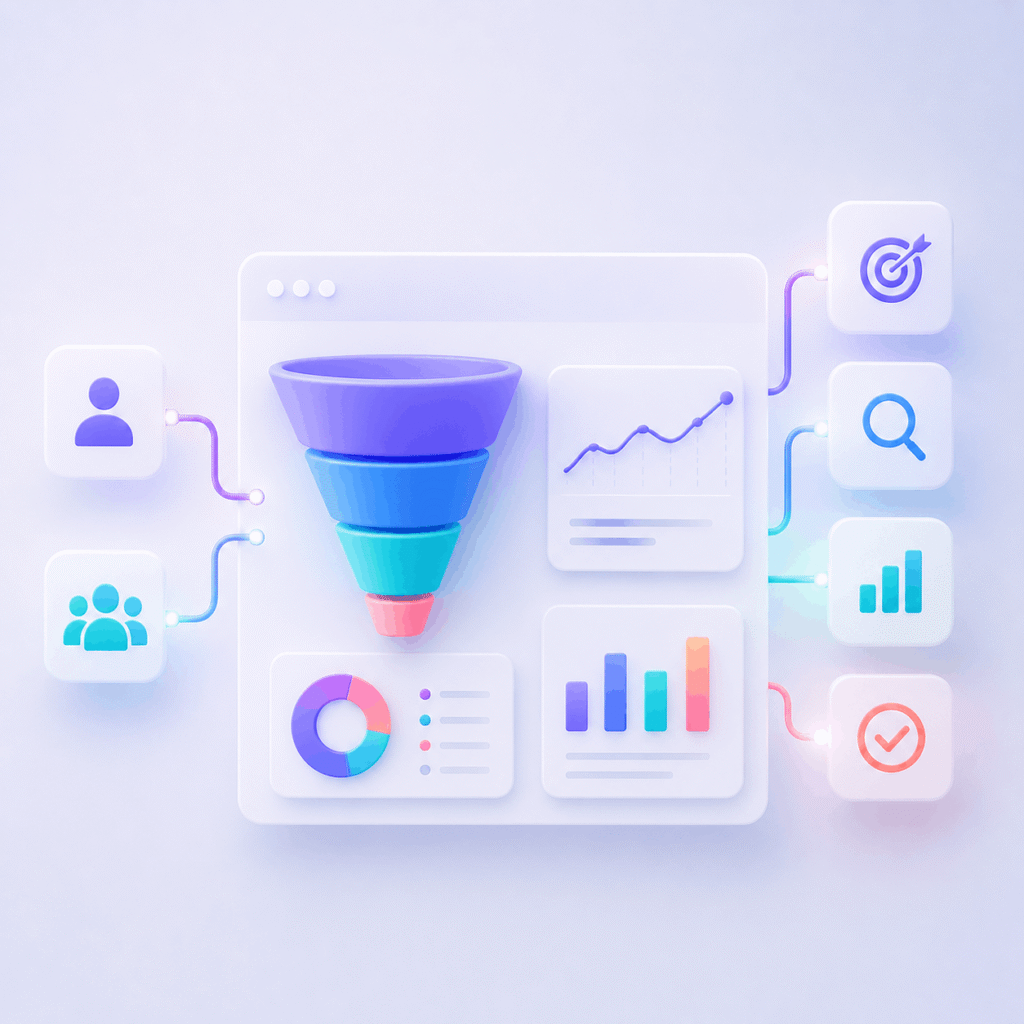 Conversie-optimalisatie (CRO) visualisatie met conversiefunnel, gebruikersdata, analyses en prestatie-inzichten voor het verbeteren van websiteconversies.