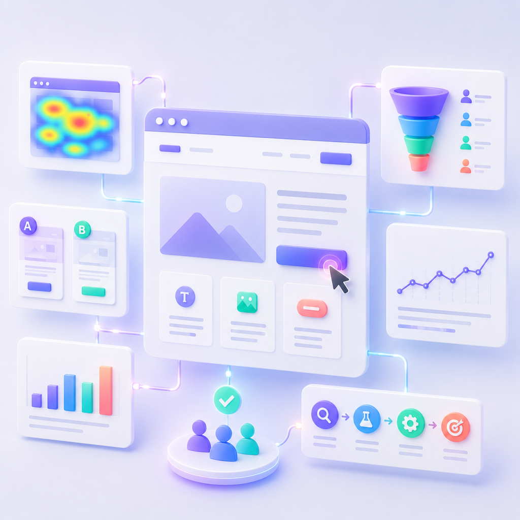 Conversie-optimalisatie (CRO) visualisatie met website-analyse, A/B-testen, heatmaps, conversiefunnel en prestatie-inzichten voor het verhogen van conversies.