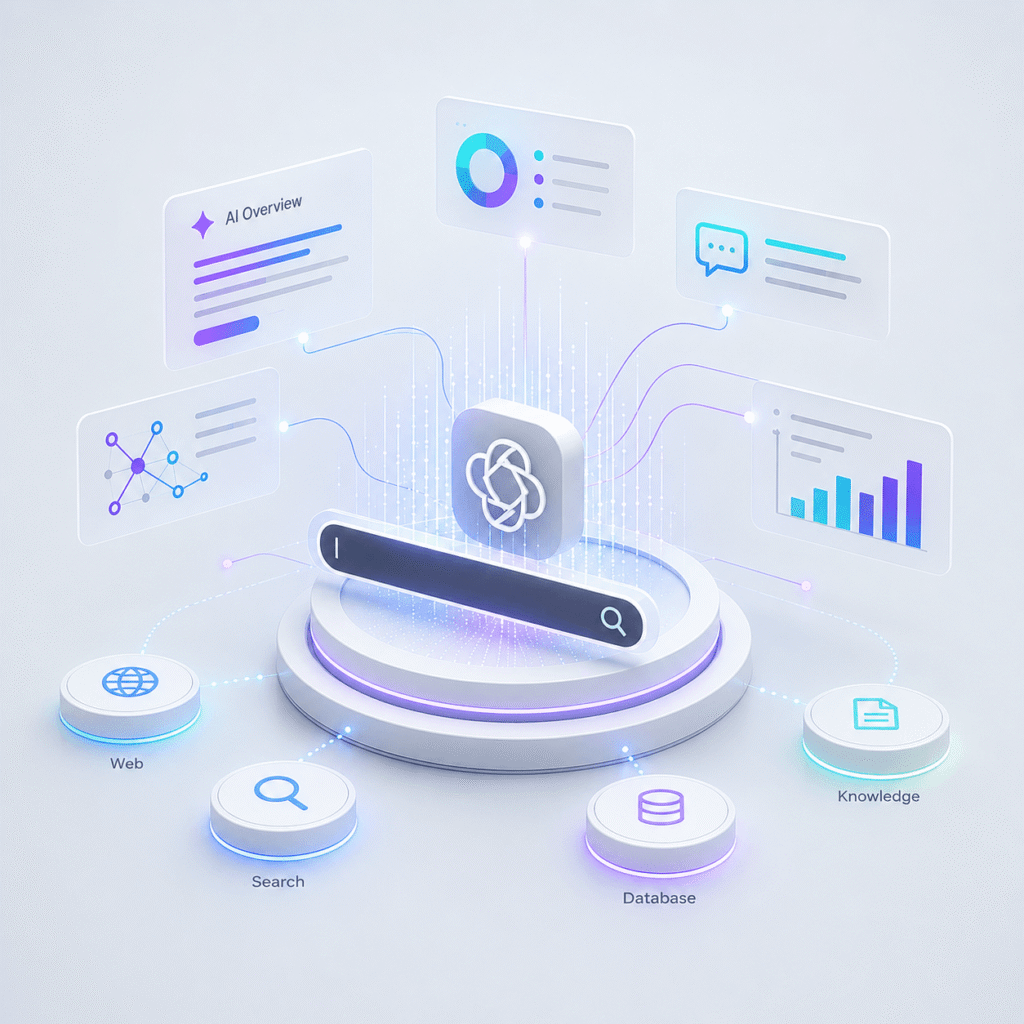 Generative Engine Optimization (GEO) visualisatie met AI-zoekplatformen, kennisbronnen en dataverbindingen voor betere zichtbaarheid in AI-zoekmachines.