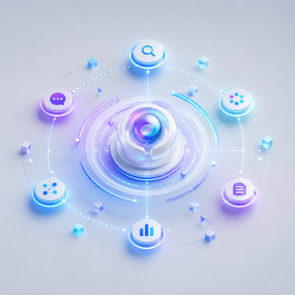 Generative Engine Optimization (GEO) visualisatie met AI-zoekplatformen, kennisbronnen en dataverbindingen voor betere zichtbaarheid in AI-zoekmachines.