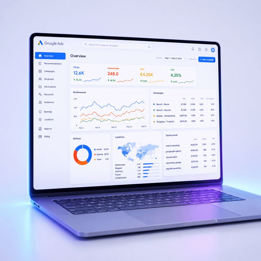 Google Ads dashboard op laptop met campagneprestaties, zoekwoorden, conversies en SEA-optimalisatie voor meer online zichtbaarheid en rendement.
