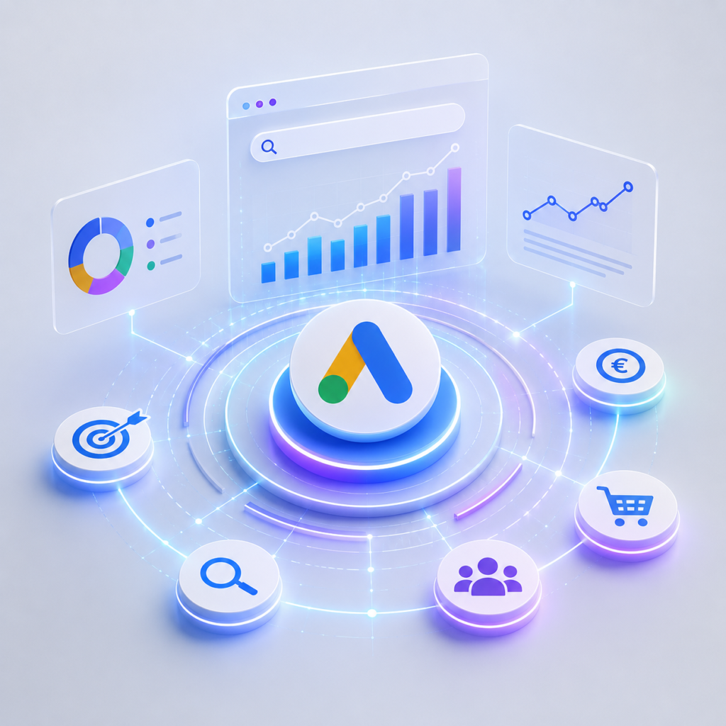 Zoekmachine adverteren (SEA) visualisatie met Google Ads, zoekwoorden, doelgroepen, conversies en campagneprestaties voor maximale online zichtbaarheid.